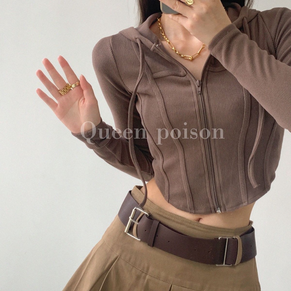 Red Eropa dan Amerika Berkerudung Ritsleting Cardigan Wanita Musim Semi Retro Slim Fit Jaket Olahraga Pusar Pendek Lengan Panjang Atasan