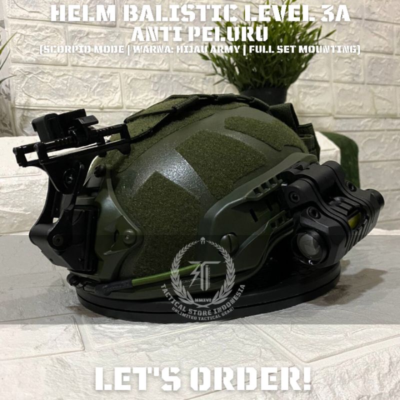 Helm Balistic Level 3 A Scorpio Mode Full Set dilengkapi mounting senter + senter + mounting nvg