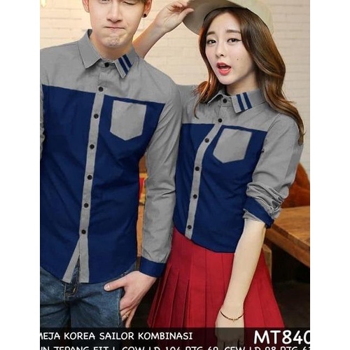 KEMEJA COUPLE/KEMEJA PASANGAN/BAJU COUPLE KOREA HEM SAILOR KOMBINASI - Hitam