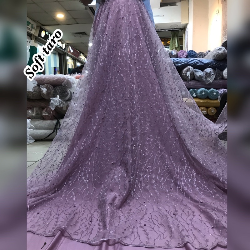 Kain bahan Tulle akar mutiara / brokat akar mutiara,bahan gaun,kebaya, (tile padi).