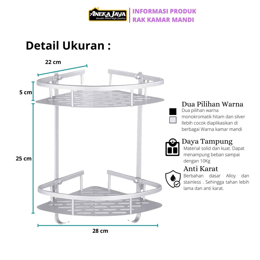 Rak Kamar Mandi Sudut Allumunium Serbaguna - Silver Hitam Stainlees Anti Karat