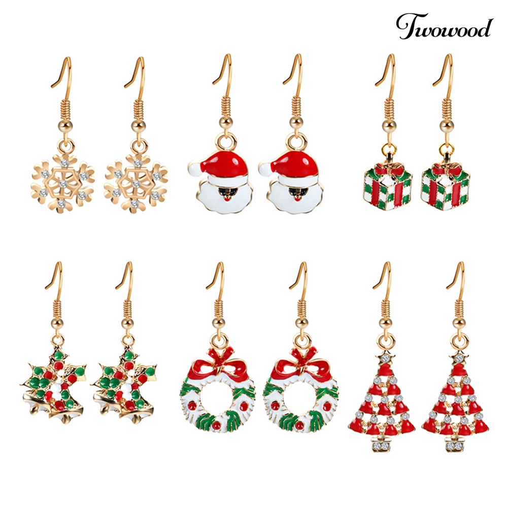 6 Pasang Anting Hook Desain Santa Claus Snowflake Jingle Bell Untuk Wanita