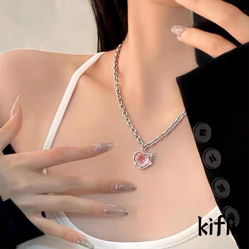 【kifli】Kalung Rantai Klavikula Liontin Hati Bintang Bahan Zirkon Warna Pink Untuk Wanita