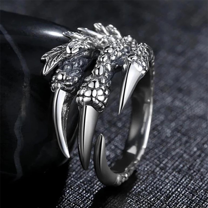 1pc Cincin Model Terbuka Bahan Metal Desain Cakar Naga Gaya Vintage / Jalanan / Gothic Adjustable Untuk Pria