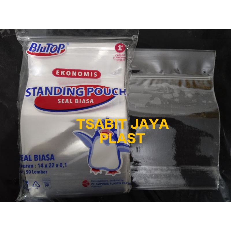 STANDING POUCH 14 x 22 BLUTOP SEAL BIASA (polos) &amp; KLIP PLASTIK SEAL LEBAR PREMIUM 1 pack isi 50 pcs