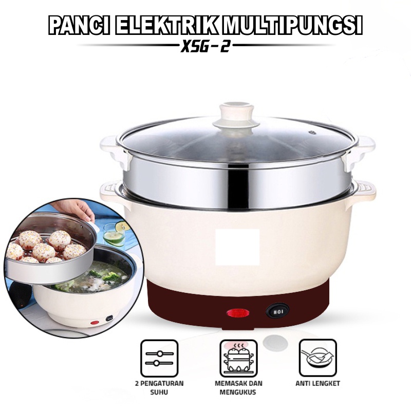 Panci Listrik Teflon Serbaguna (2 in 1) Electric Cooking Pot Free Steamer Stainless