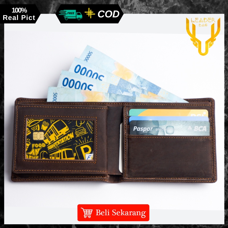 Dompet Pendek Lipat Pria Kulit Sapi Asli Merk Leaderbag Warna Coklat Terbaru Dompet Cowok Keren Branded 100% Original NEPTUNE V2 E04