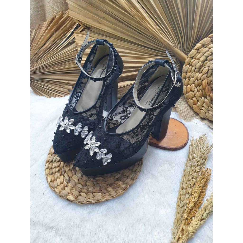 sepatu wedding wanita hitam cantik brukatan 12cm