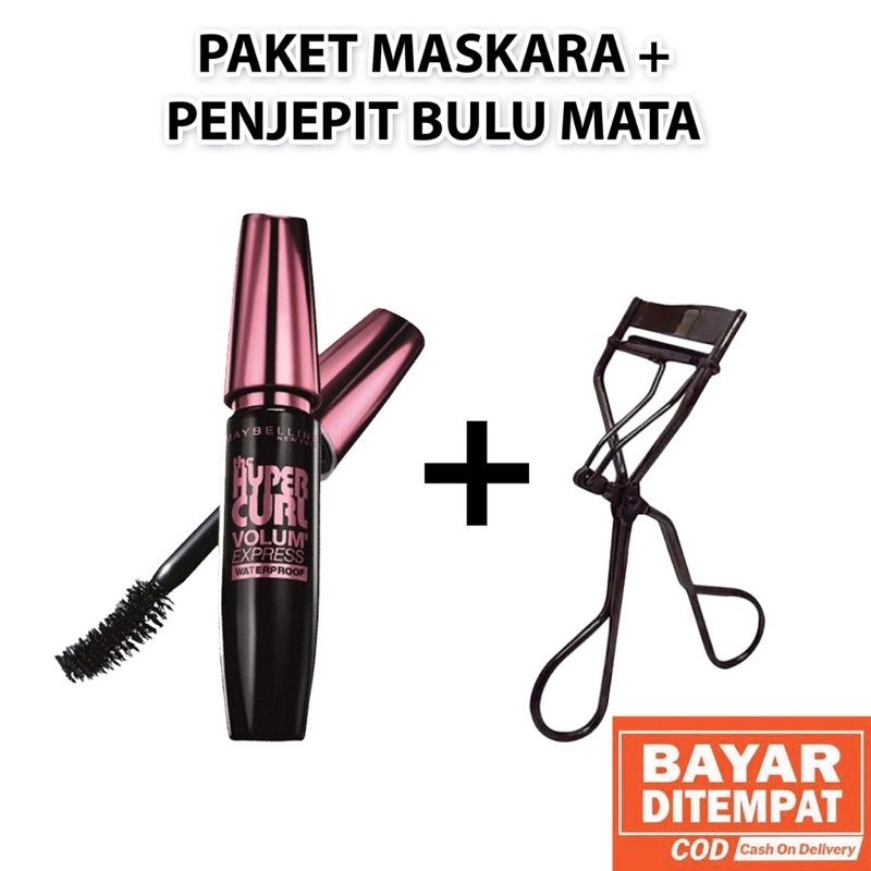 (COD) Paket Maskara waterproof Free Penjepit Bulu Mata/COD/SALE/Paket Kosmetik Lengkap Murah - Maskara Maybelline Hypercurl + Pentik Bulu Mata Galenco