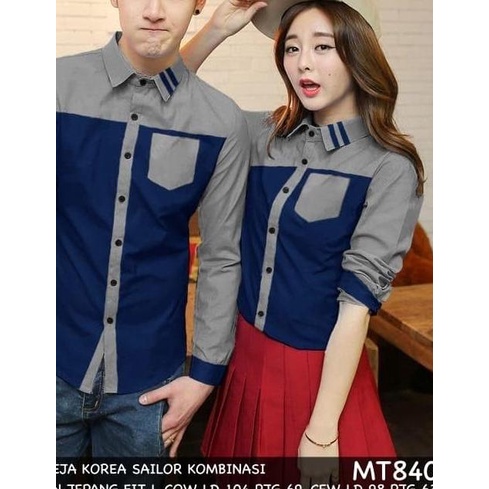 KEMEJA COUPLE/KEMEJA PASANGAN/BAJU COUPLE KOREA HEM SAILOR KOMBINASI - Hitam