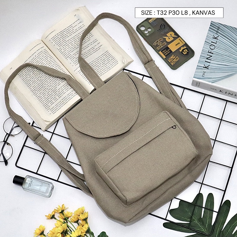 Bayar di Tempat COD Tas Ransel Serut Bahan Kanvas KANTONG Depan Ukuran Medium tas punggung wanita-Warna 716