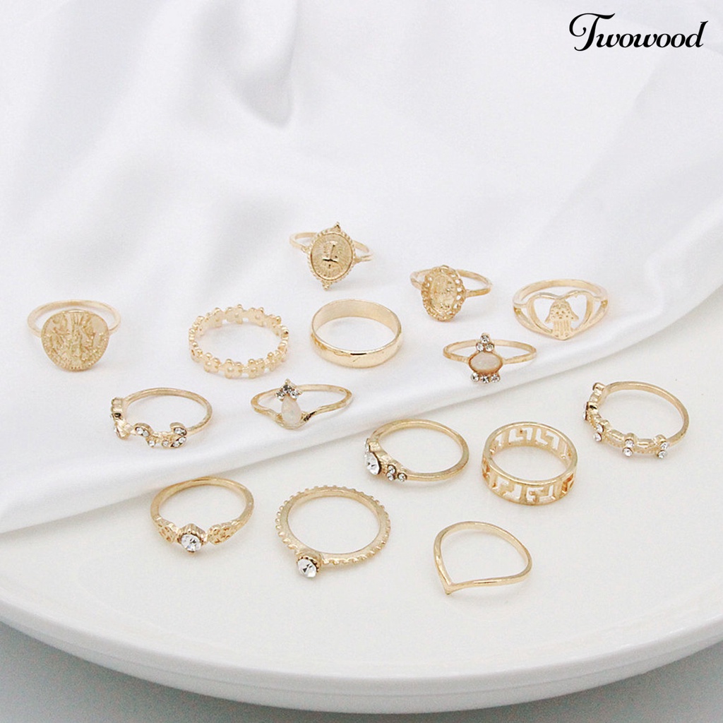 15 Pcs Cincin Knuckle Stackable Bahan Alloy Bentuk Hati Model Hollow