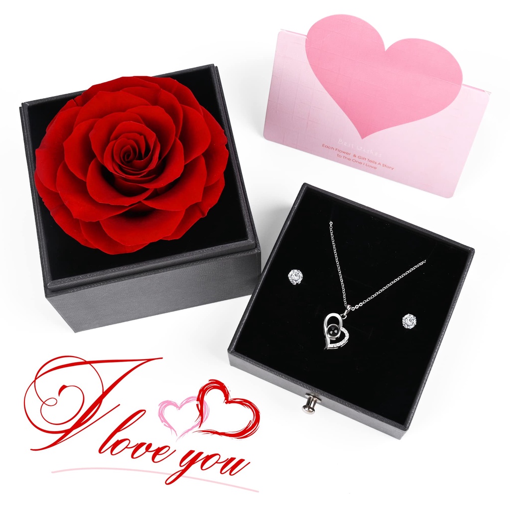 Topsopt  I Love You 925 sterling silver set Kalung anting-anting dalam 100 Bahasa, Hadiah Ulang Tahun untuk Wanita Pacar Ibu Nenek Istri pada Ulang Tahun Natal Dapat dicocokkan dengan kotak hadiah