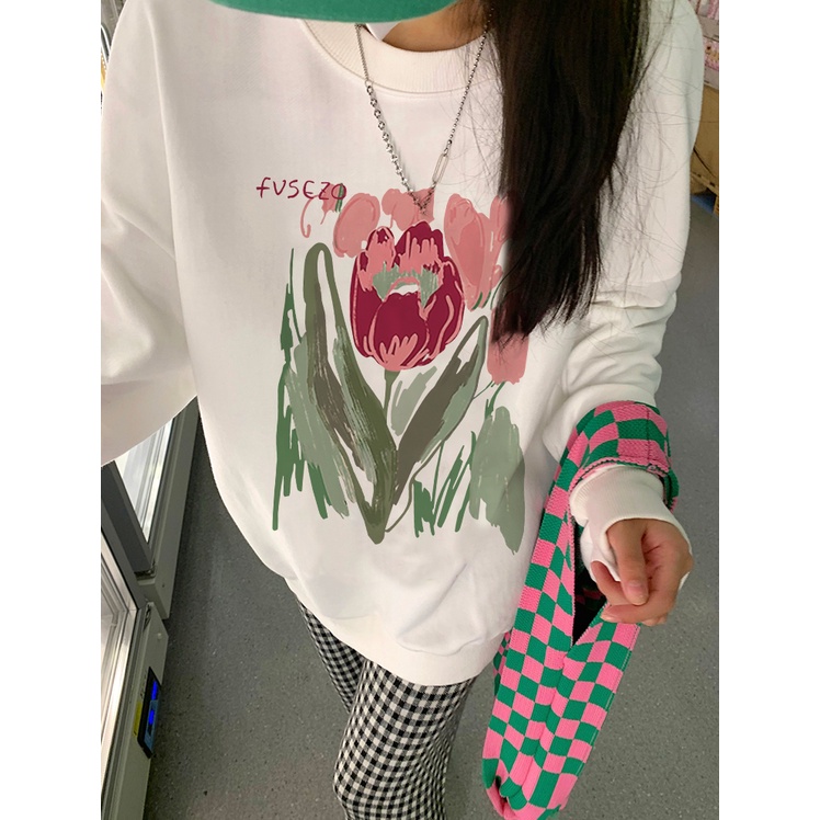 EUNII Sweater Lengan Panjang Cartoon Tulip Korean Style/Hoodie Oversize/Baju Wanita/Switer Wanita