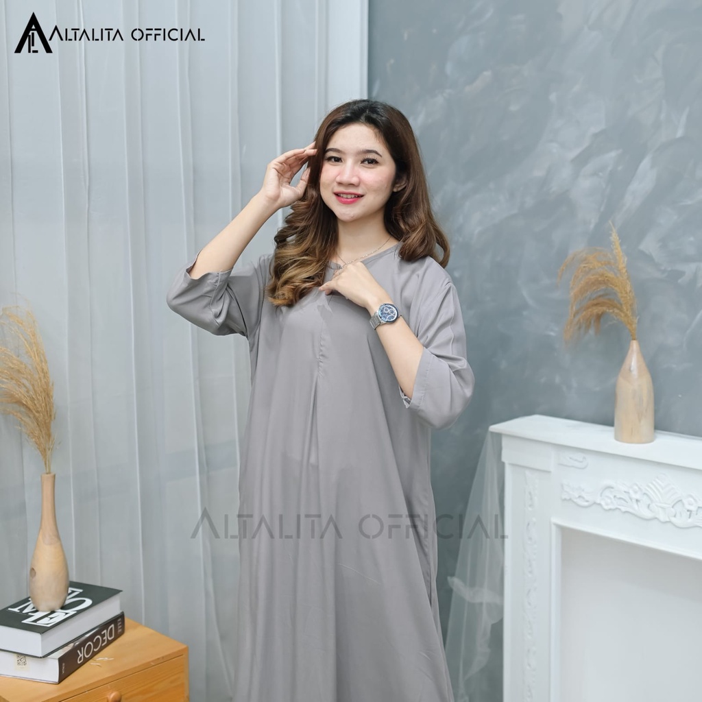 Altalita - Daster Gamis Polos Lengan Tangan Panjang 3/4 Longdress Muslim Jumbo LD 120 Homedress Panjang Busui Lengan Panjang Semata Kaki Bahan Katun Rayon Adem Tebal Premium