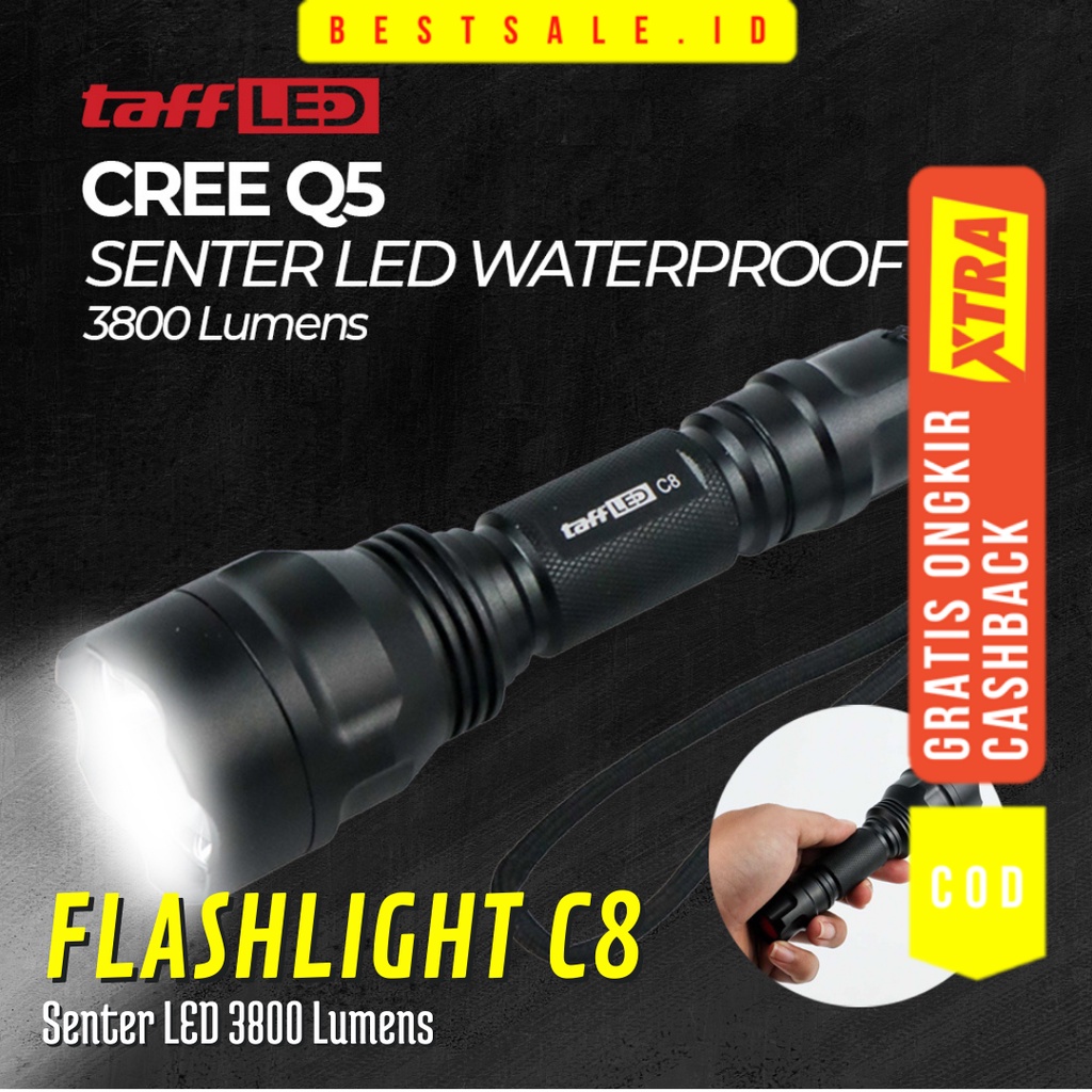 TaffLED Senter LED C8 3800 Lumens - Senter LED C8 Flashlight Waterproof Cree Q5 3800 Lumens