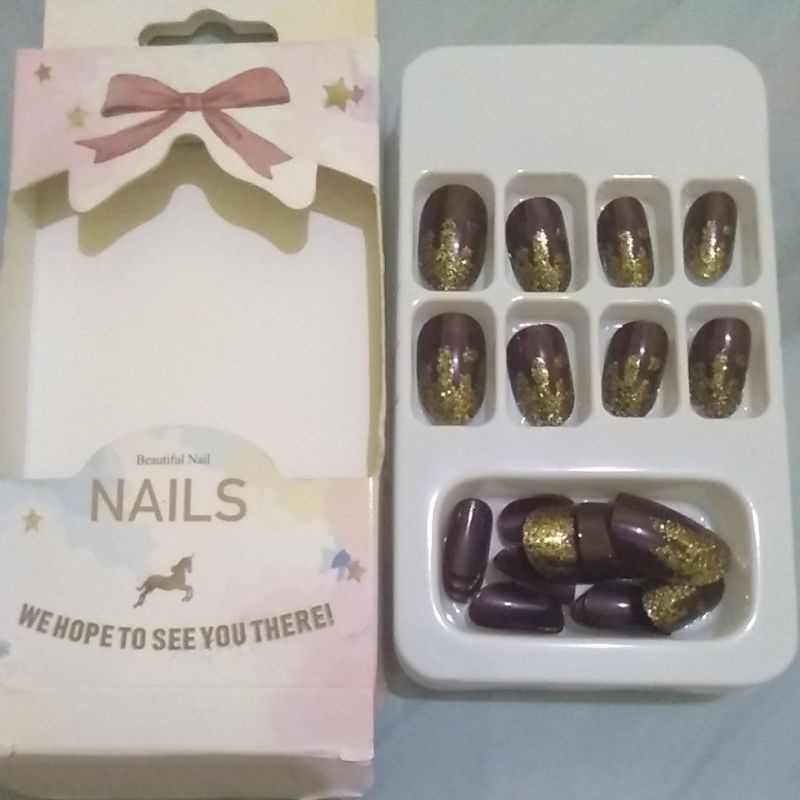 Ready Stock Kuku palsu Nail Art warna Ungu gliter gold