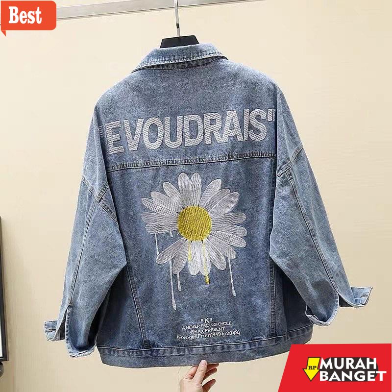 jaket hijaber Outer Stretch Denim Evoudrais Jaket Jeans Wanita Terbaru Motif Bunga bordir Kekinian O