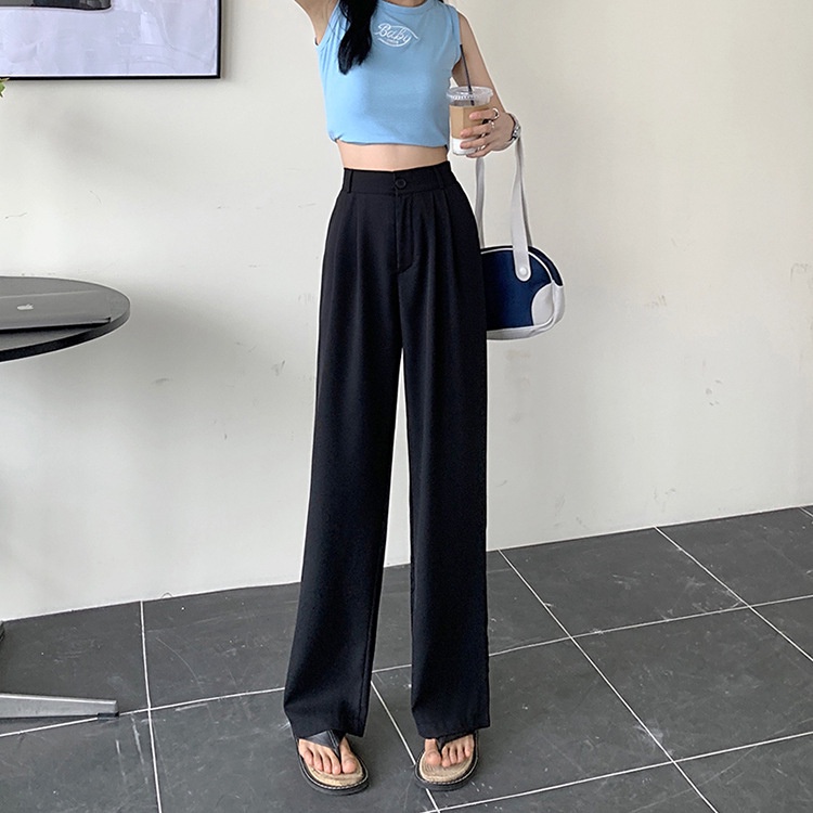 High Waist Drape Simple Longgar Lurus Kasual Celana Untuk Wanita 3 Warna
