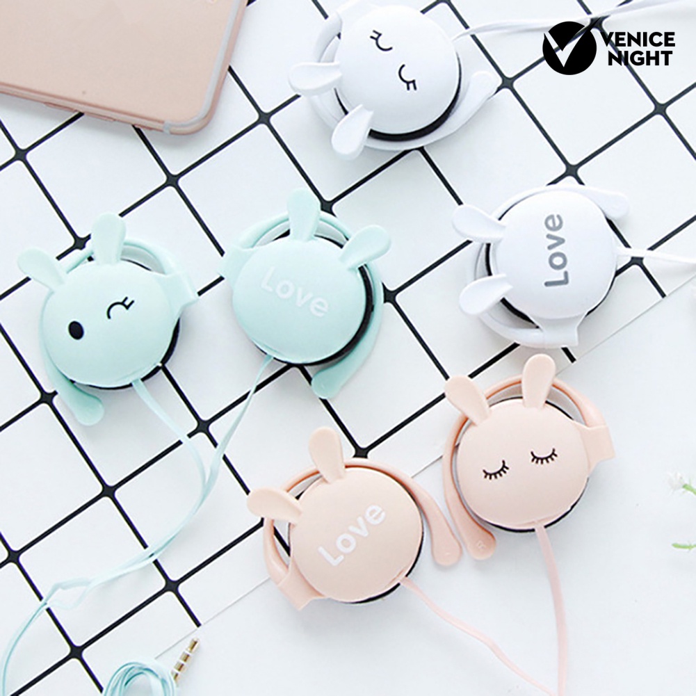 (VNEP) (Berkabel) Lucu Kelinci Stereo Earphone Headphone dengan Mic 3.5mm Ear-hook Sport Headset Hadiah