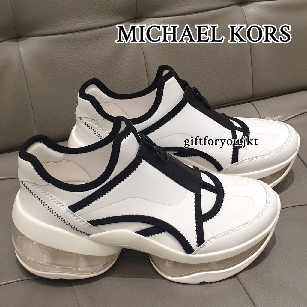Sepatu Wanita Michael Kors Olympia Trainer Original Zip Front Extreme White Putih Sporty