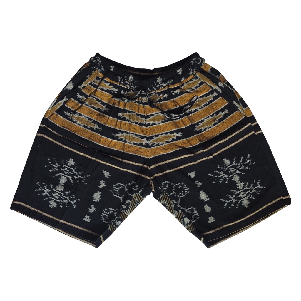 celana pendek pria motif kain tenun - hitam kuning