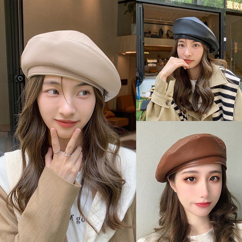 Topi Baret Bahan Kulit PU Warna Polos Untuk Wanita