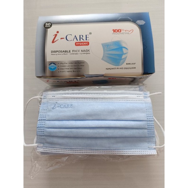 Masker Earloop Biru Hijau Putih 3ply Earloop isi 50 Pcs iCare Hygenix isi 50pc izin Kemenkes