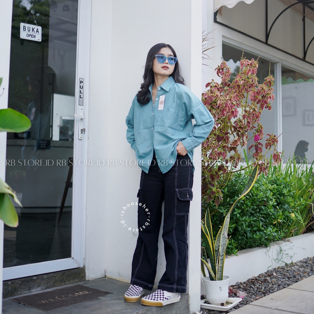 Kemeja Wanita Linen Oversize Olivia Shirt Linen Pocket-OLIVIA DENIM