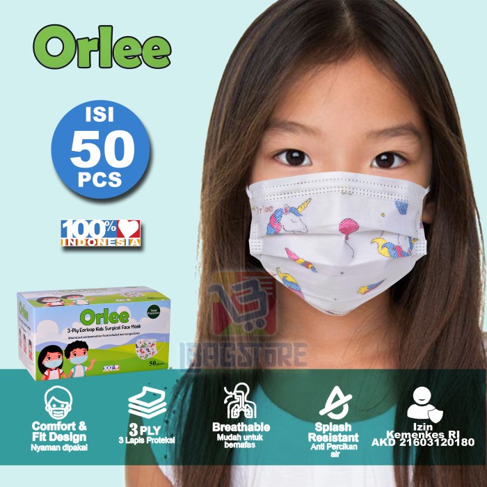 Masker Anak Medis Bedah 3ply 3 ply Orlee Embos Earloop Kids isi 50 - Unicorn Orlee