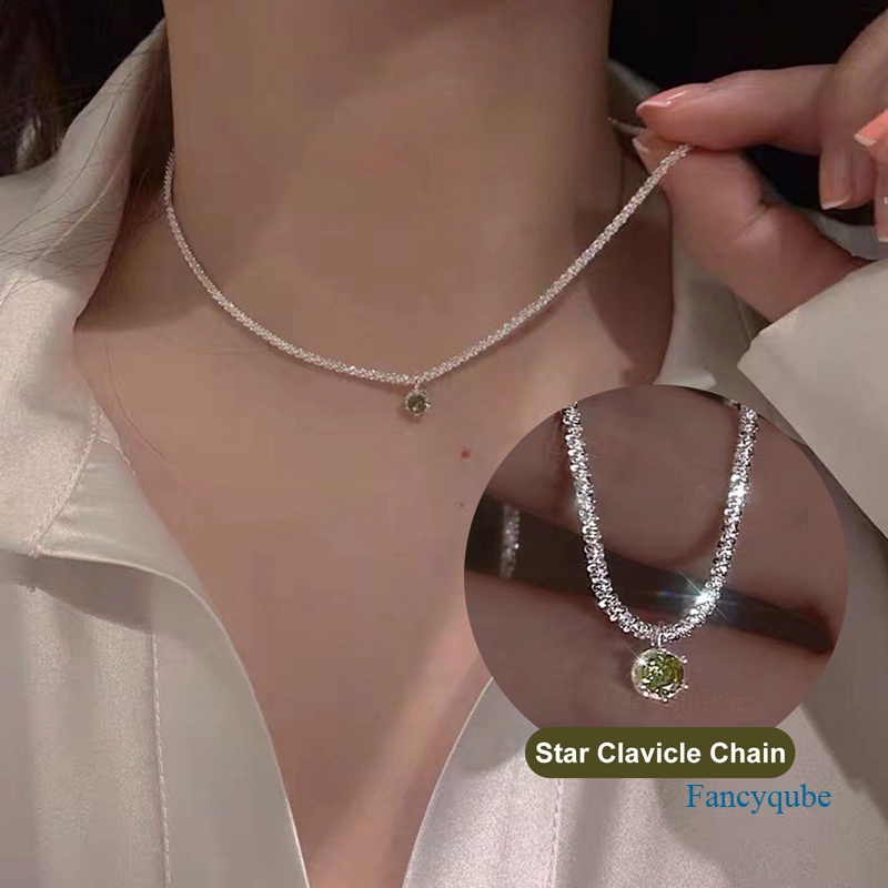 Fancyqube Kalung Choker Rantai Klavikula Hias Liontin Berlian Hijau Kilau Untuk Wanita