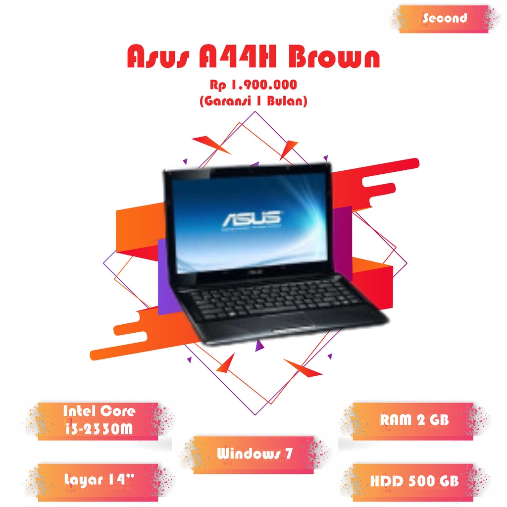 Laptop Asus A44H Core i3 Harddisk 500GB 1 jutaan normal lancar siap pakai