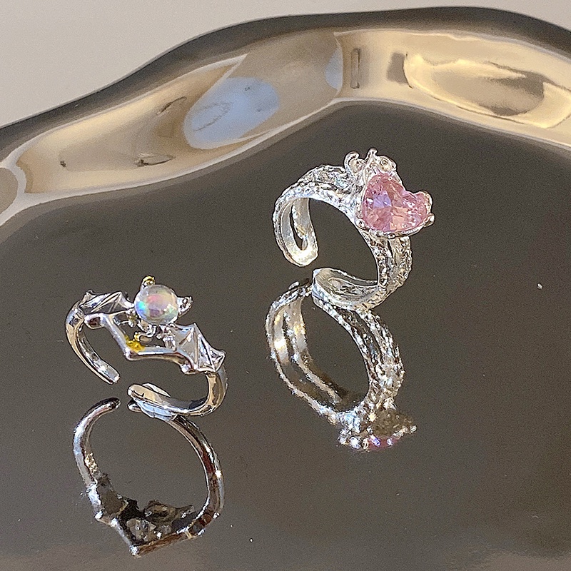 Cincin Jari Desain Hati Malaikat Aksen Batu Permata Warna Pink Untuk Wanita