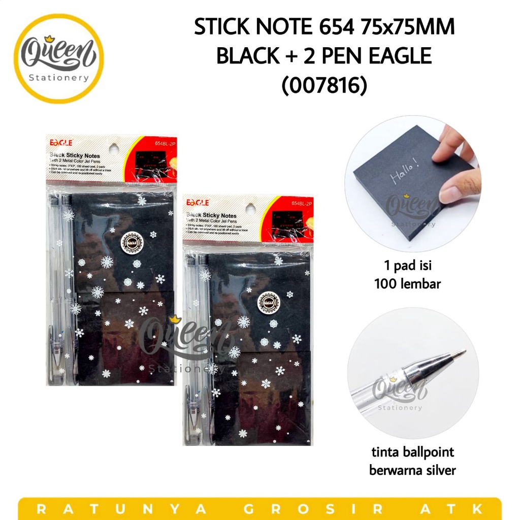 

STICK NOTE 654 75X75 MM BLACK + 2 PEN EAGLE / NOTES HITAM / NOTEPAD (007816)