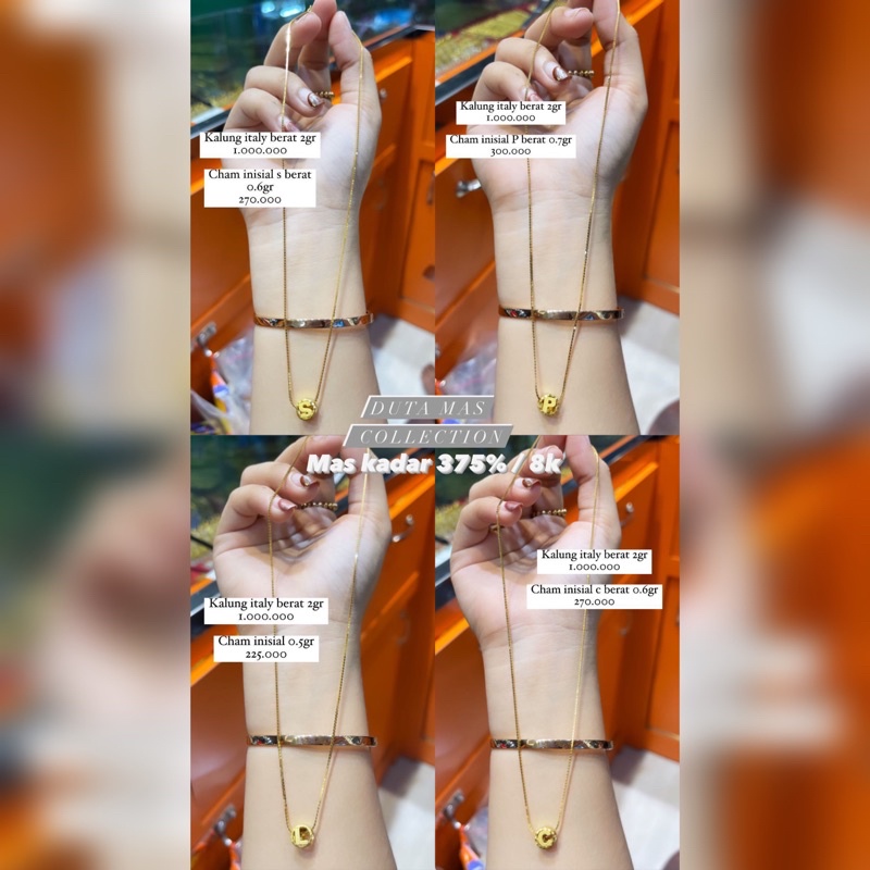 Kalung Italy Dewasa & Mainan huruf Charm A-Z Berat 2gram an Emas Asli Kadar 375%