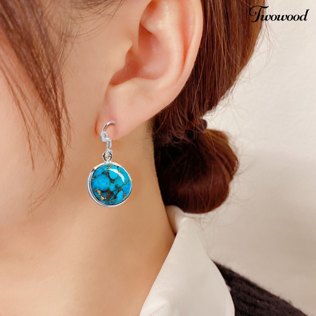 1 Pasang Anting Kait Gantung Desain Geometri Hias Turquoise Imitasi Hypoallergenic Gaya Retro Untuk Wanita