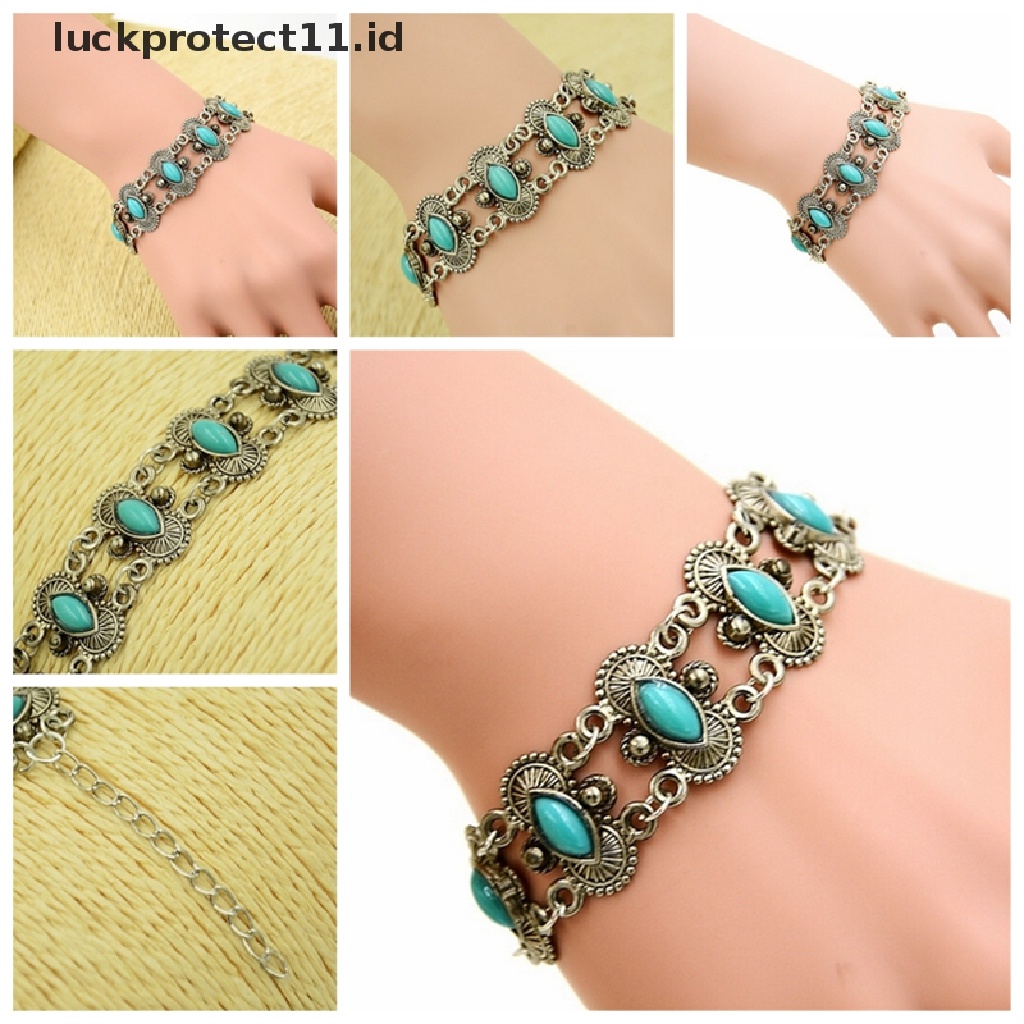 Gelang Bangle Warna Silver Turquoise Gaya Bohemian Untuk Wanita