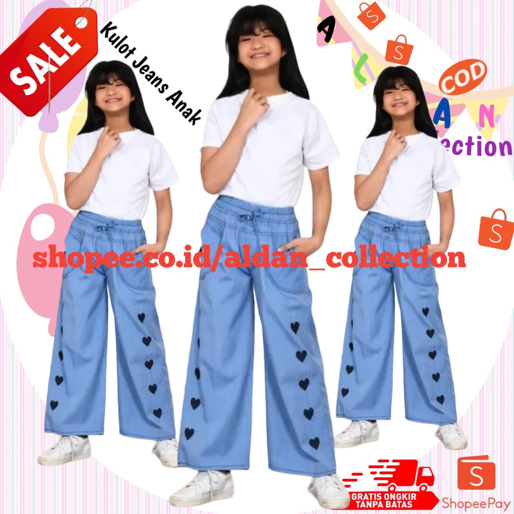 Celana Kulot Jeans Love Anak Perempuan Usia 4_16 Tahun / Kulot Jeans Anak Perempuan / Celana Jeans Anak Perempuan / Celana Panjang Anak Perempuan / Celana Anak Perempuan