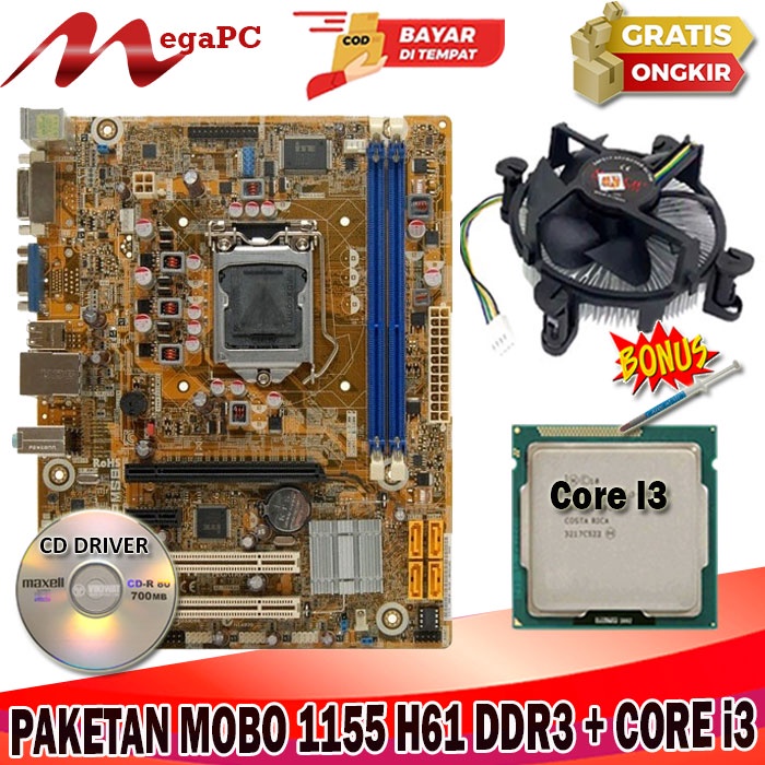 Paket Mainboard Lga 1155 H61 OEM + Core i3 2120 + FAN