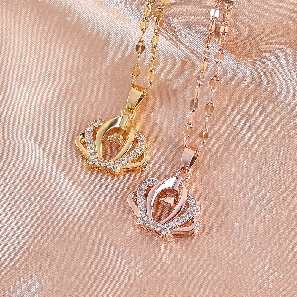 Kalung Rantai Klavikula Hias Liontin Mahkota Kristal Bahan Stainless Steel Untuk Wanita