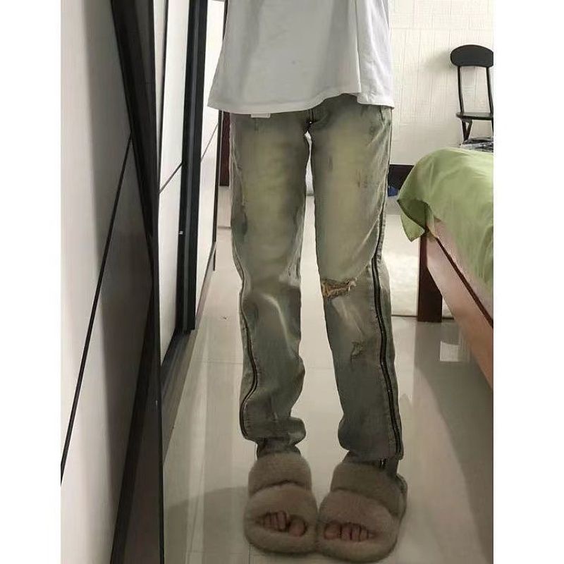 Suhao zipper ripped jeans wanita musim gugur dan musim dingin berwarna terang Amerika gaya retro getaran celana pipa lurus desain rasa ceruk