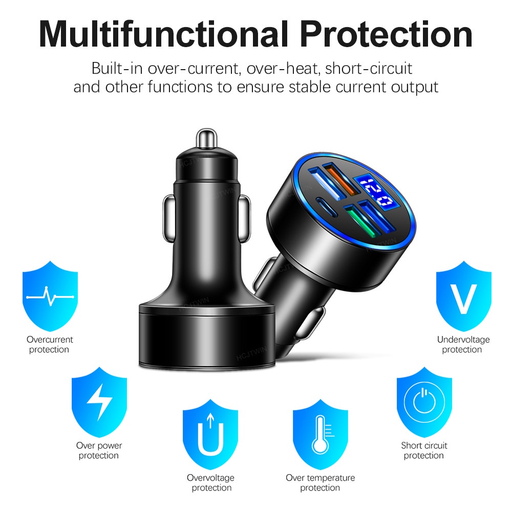 Adapter Charger Mobil 4 Port USB Tipe-C Fast Charging Bahan ABS Dengan Display Digital LED Untuk IPhone / Android