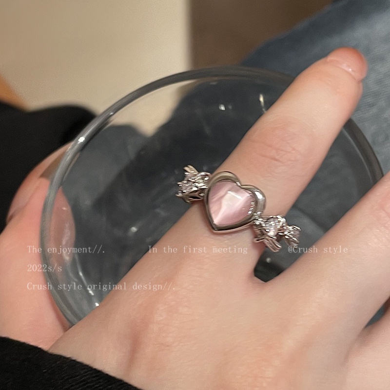 AY(CN) Cincin Silver Desain Hati Hias Kristal Moonstone Pink Untuk Wanita