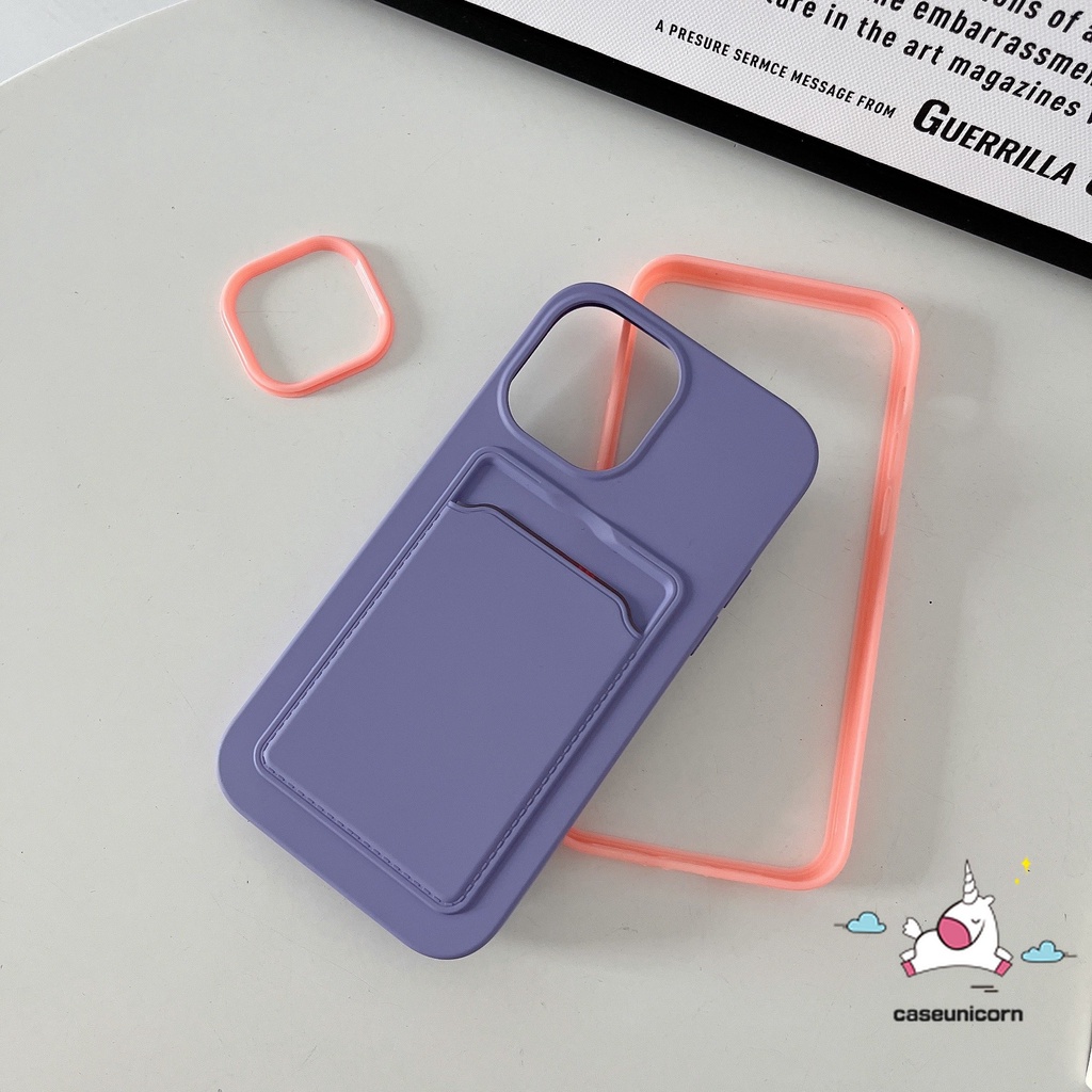 3 in 1 Soft Case Silikon Warna Permen Macaron Dengan Holder Kartu Untuk iPhone 11 12 13 14 Pro MAX 6 6S 7 8 Plus XR X XS MAX SE 2020