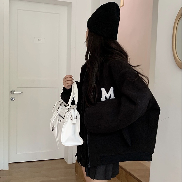 Red American letter bordir bisbol seragam kardigan sweater wanita musim gugur dan musim dingin plus beludru menebal kuliah gaya longgar ceruk atas tren