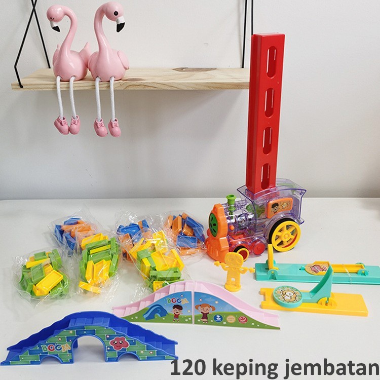 Mainan domino train track, Mainan susun balok kereta api anak 120 set Plus Aksesoris