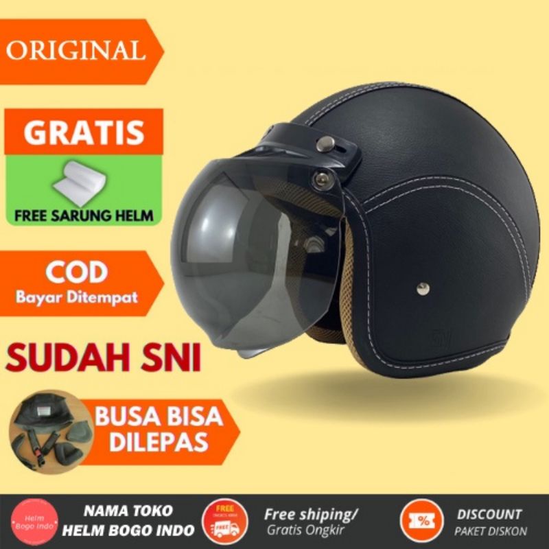 helm Bogo kulit premium kaca flat / datar SNI busa bisa dilepas