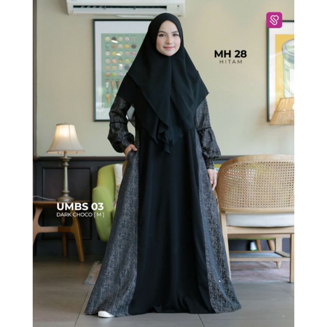 Gamis syari UMBS03 ori UkhtiMunira dress bahan jetblack kombi jaquard emboss tebal elegant busui fri