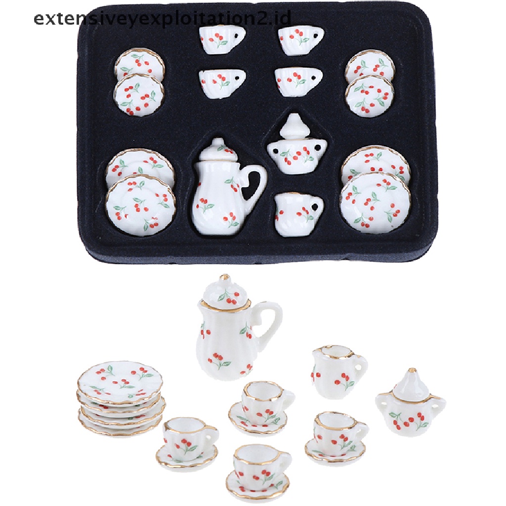 15pcs / Set Miniatur Cangkir Teh Porselen Motif Bunga Skala 1: 12 Untuk Dapur