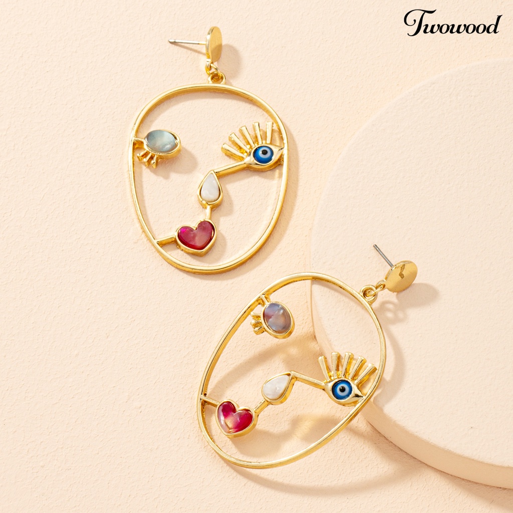 1 Pasang Anting Stud Bentuk Wajah Abstrak Hollow Out Geometris Warna-Warni Untuk Wanita